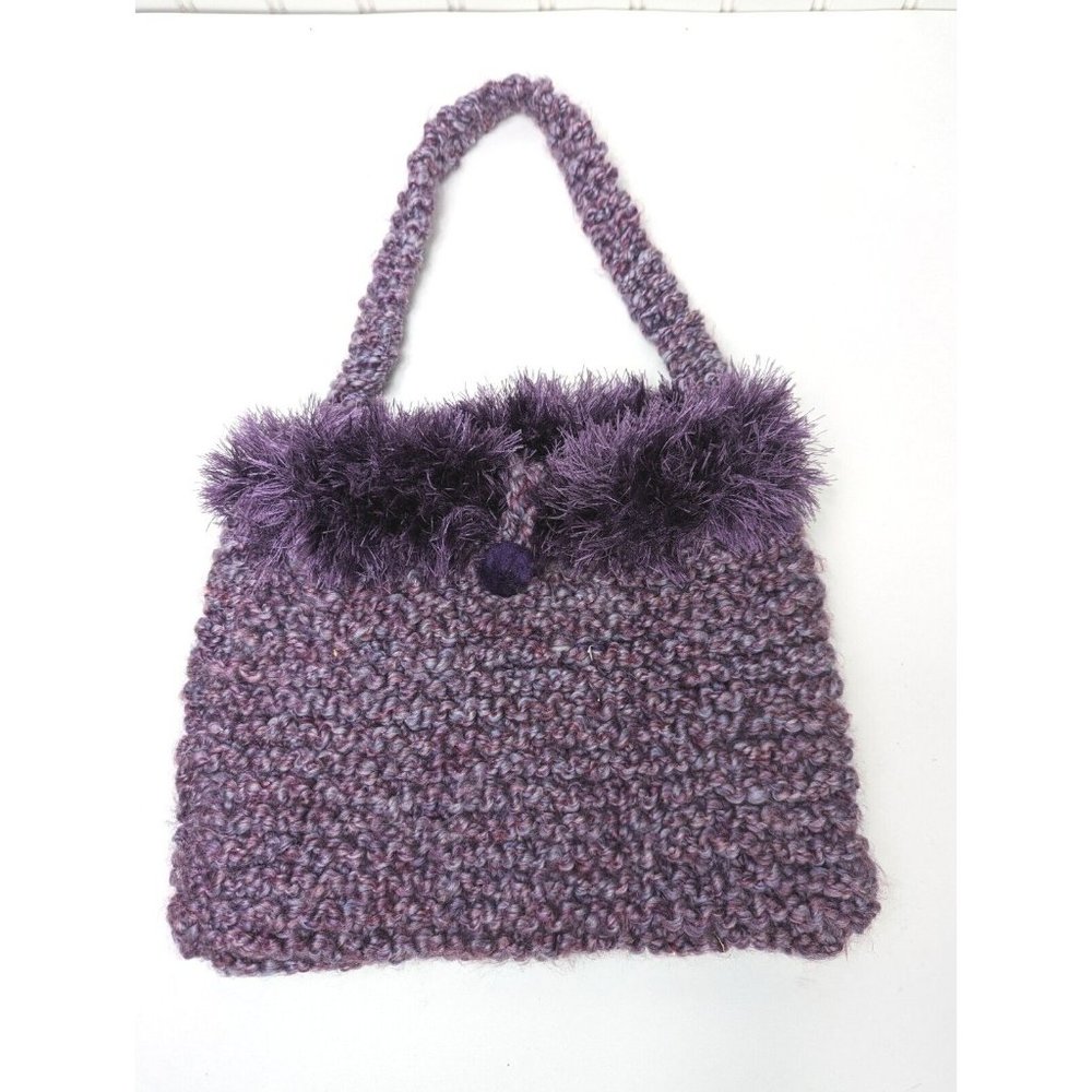 Vintage  Crochet Knitted Purple Shoulder Bag Buttoned‎ Single Strap Handmade